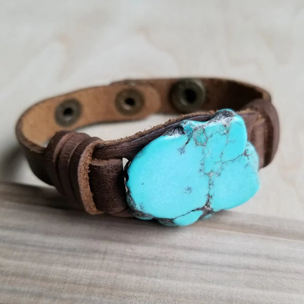 Narrow Leather Cuff with Blue Turquoise Slab - Amethyst & Opal 