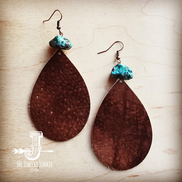 Leather Teardrop Earrings in Brown with Natural Turquoise Chunk - Amethyst & Opal 