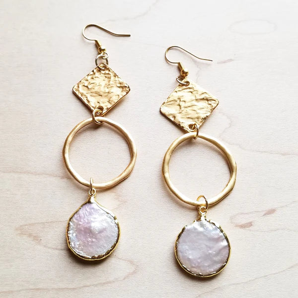 Brushed Gold Freshwater Pearl Dangle Earrings - Amethyst & Opal 