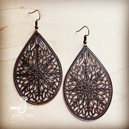 Copper Filigree Teardrop Earrings - Amethyst & Opal 