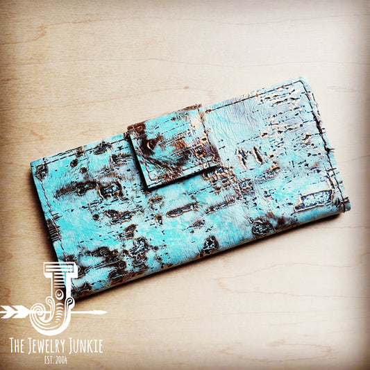 Embossed Leather Wallet in Turquoise Metallic w/ Snap - Amethyst & Opal 