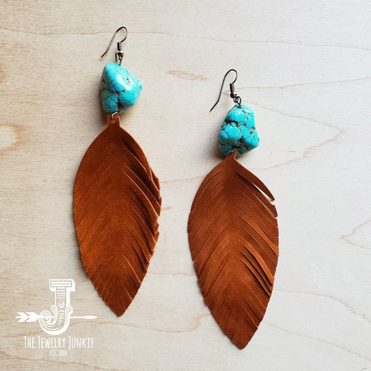 Tan Suede Feather Earrings with Turquoise Chunks - Amethyst & Opal 