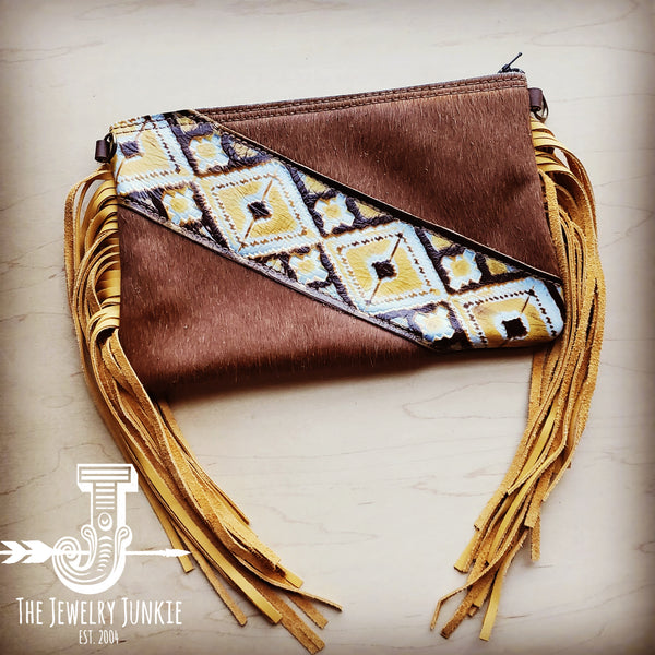 Hair on Hide Handbag w/ Leather Fringe Yellow Navajo Accent - Amethyst & Opal 