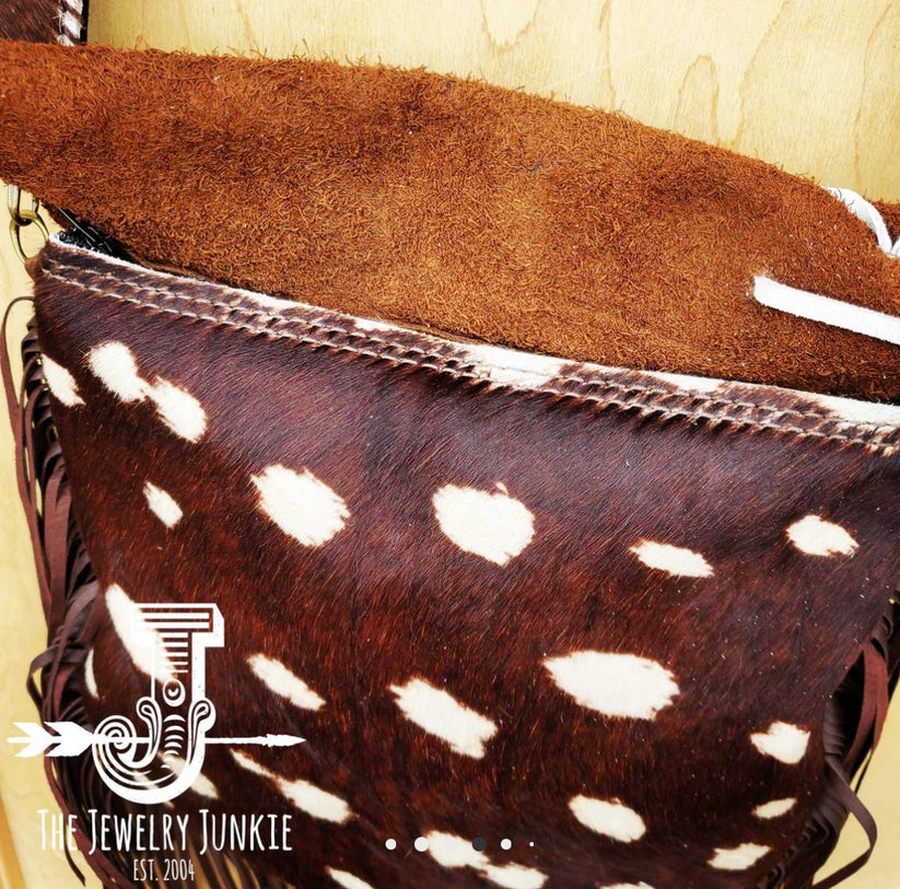 Hair on Hide Deer Axis Print Handbag w/ Flap and Braid Accent ...