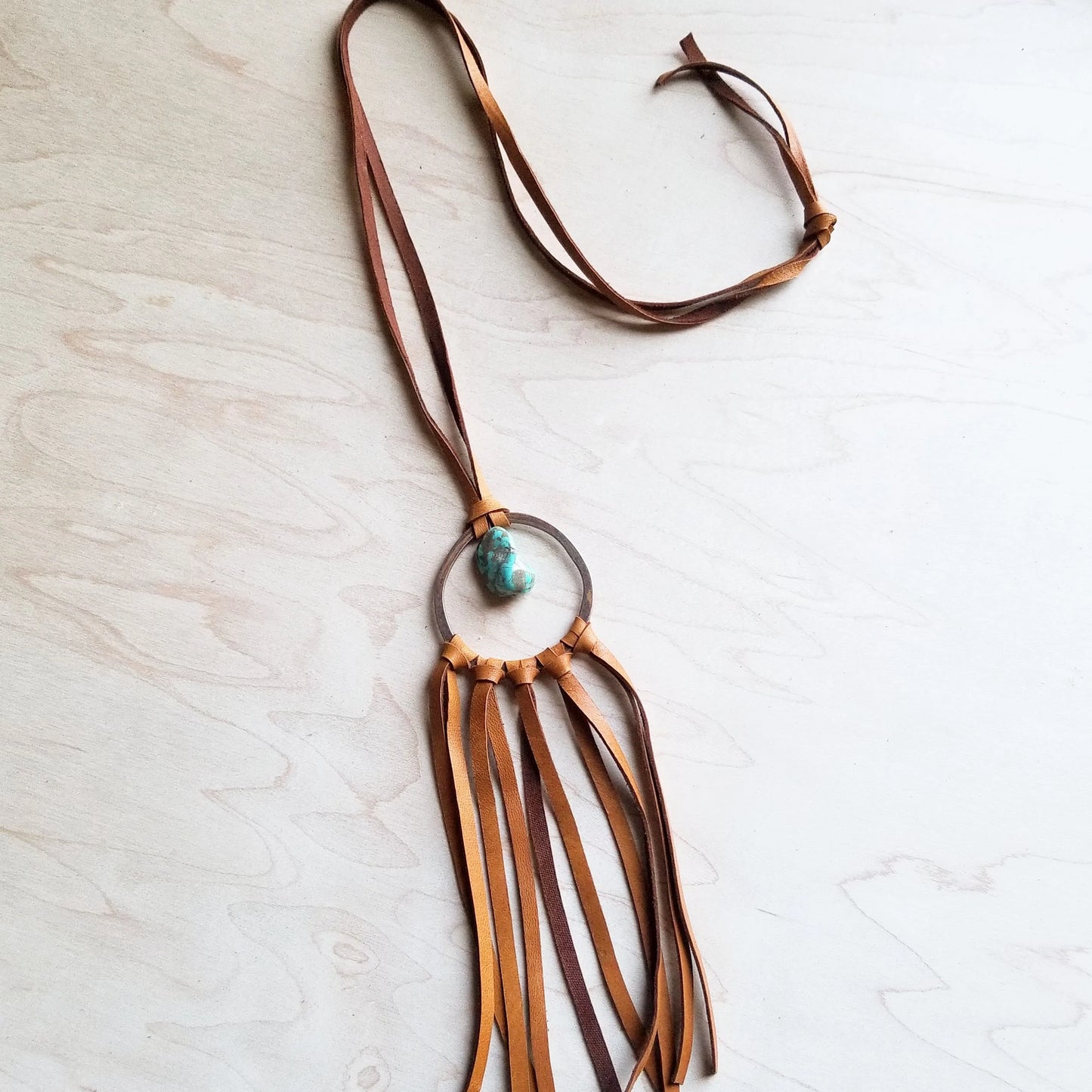 Tan Leather Dream Catcher Necklace with Turquoise Chunk