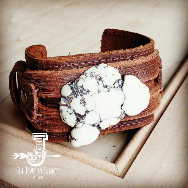 White Turquoise on Dusty Leather Cuff
