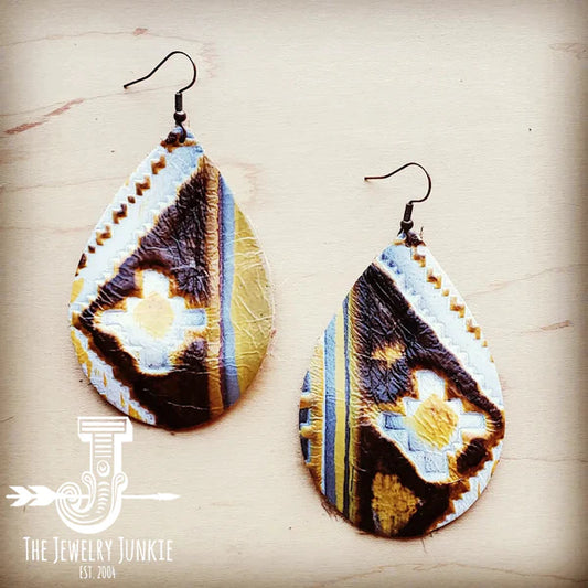 Leather Oval Mustard Earrings w/ Yellow Navajo Accent