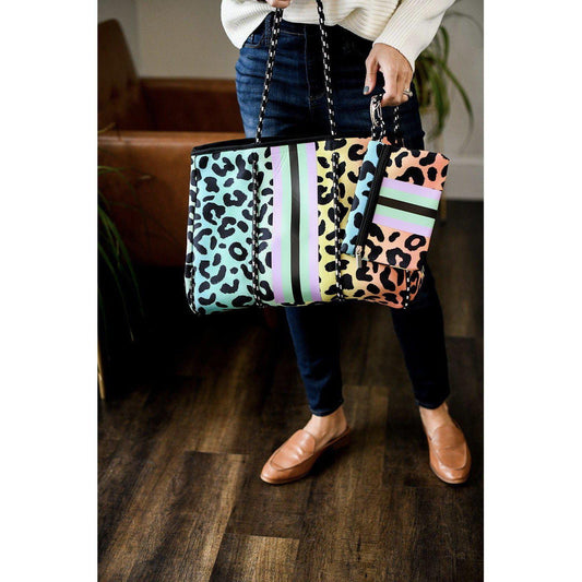 THE JENNA, RAINBOW LEOPARD- GORGEOUS NEOPRENE BAG - Amethyst & Opal 