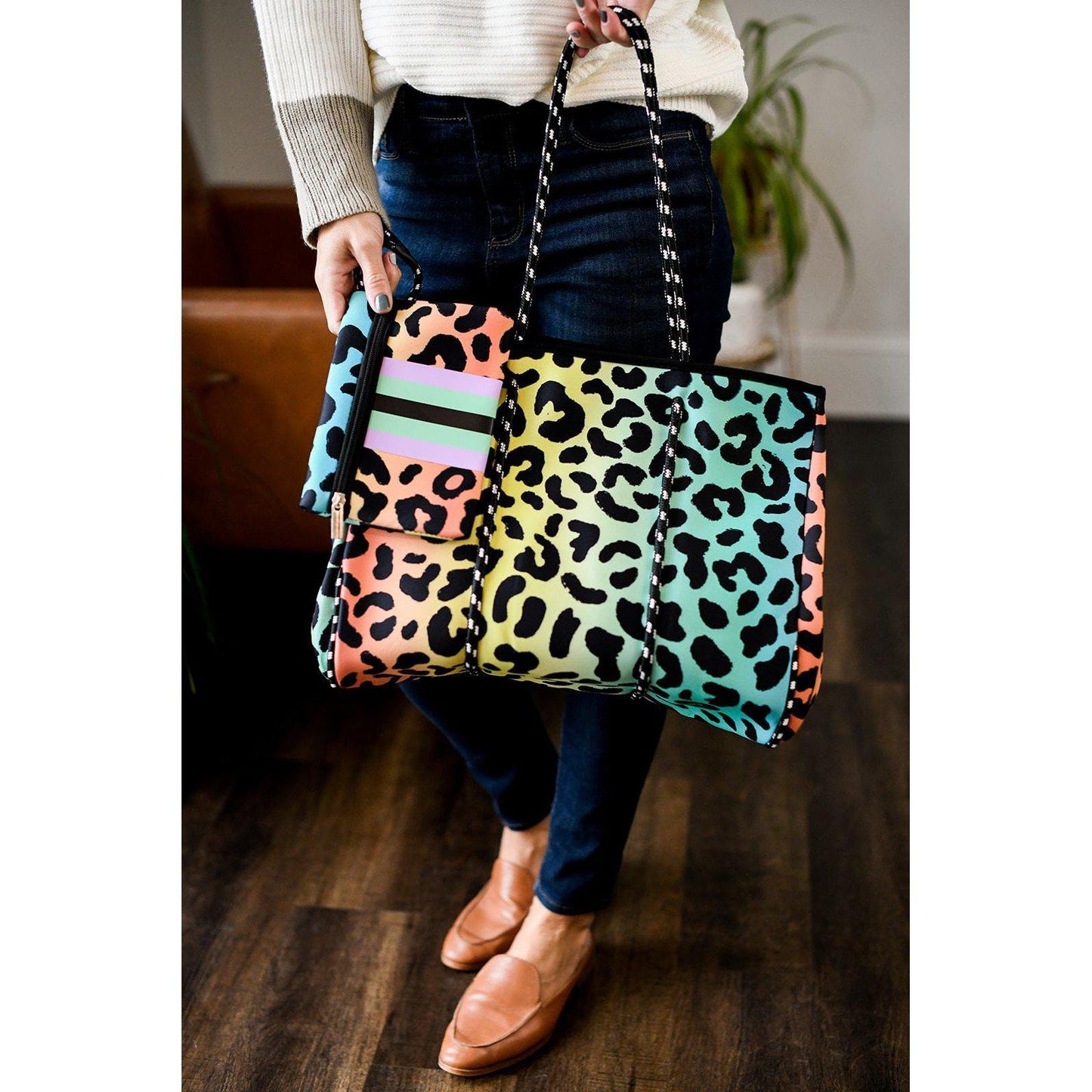 THE JENNA, RAINBOW LEOPARD- GORGEOUS NEOPRENE BAG - Amethyst & Opal 