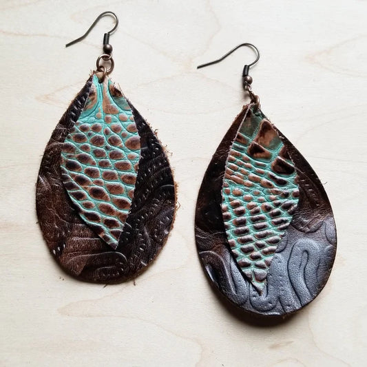 Leather Teardrop Earring-Brown & Turquoise Gator Accents - Amethyst & Opal 