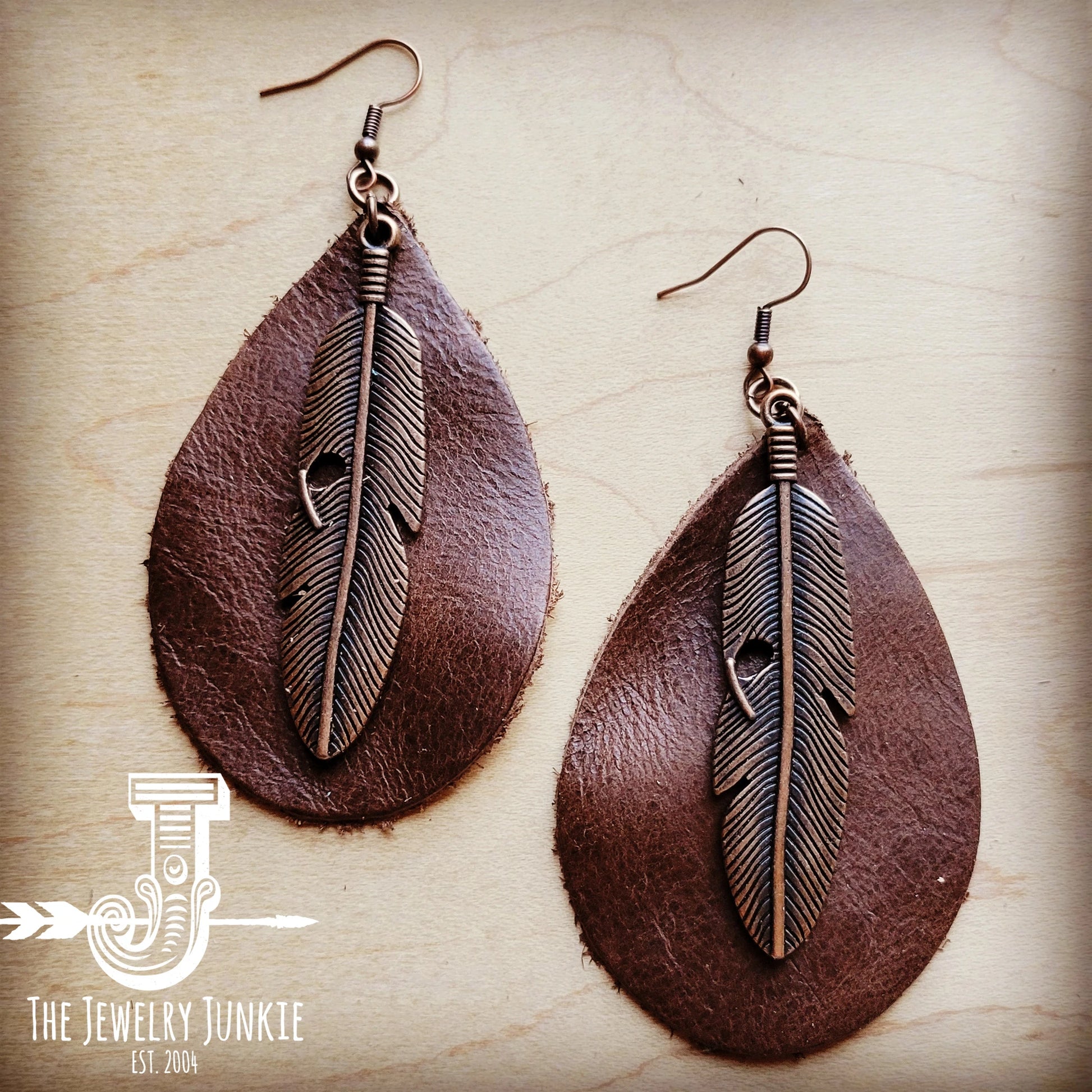 Leather Teardrop Earrings with Copper Feather - Amethyst & Opal 