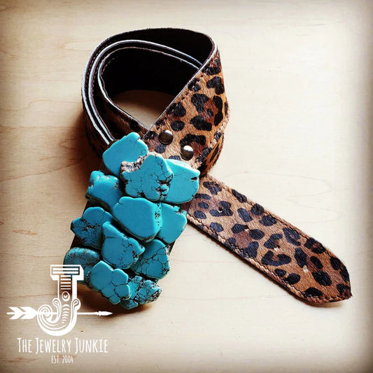 Hair on Hide Leopard Leather Belt w/ Turquoise Slab Belt Buckle - Amethyst & Opal 