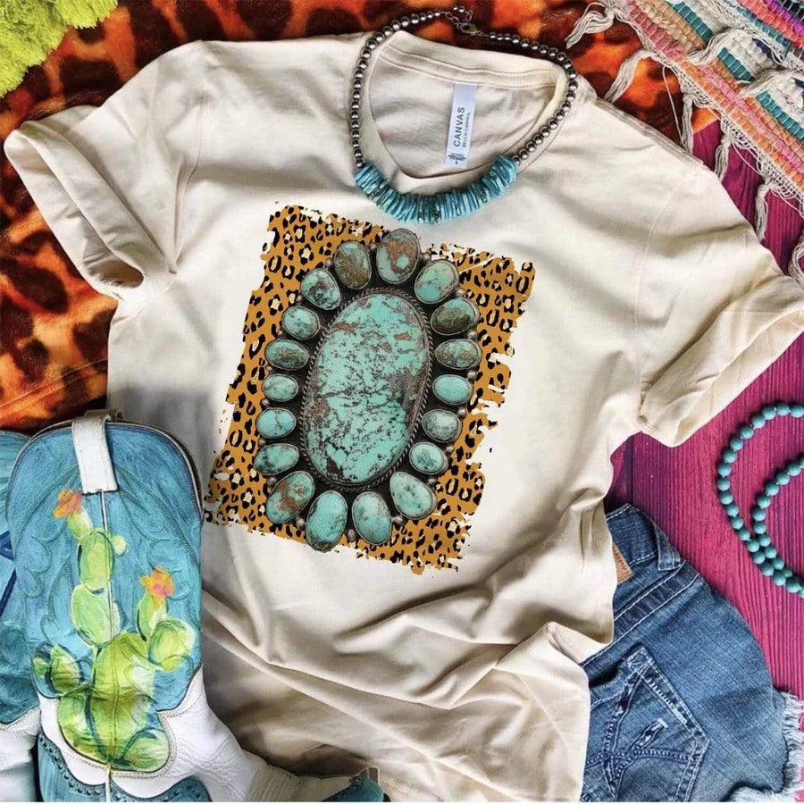 MUSTARD LEOPARD TURQUOISE TEE - Amethyst & Opal 