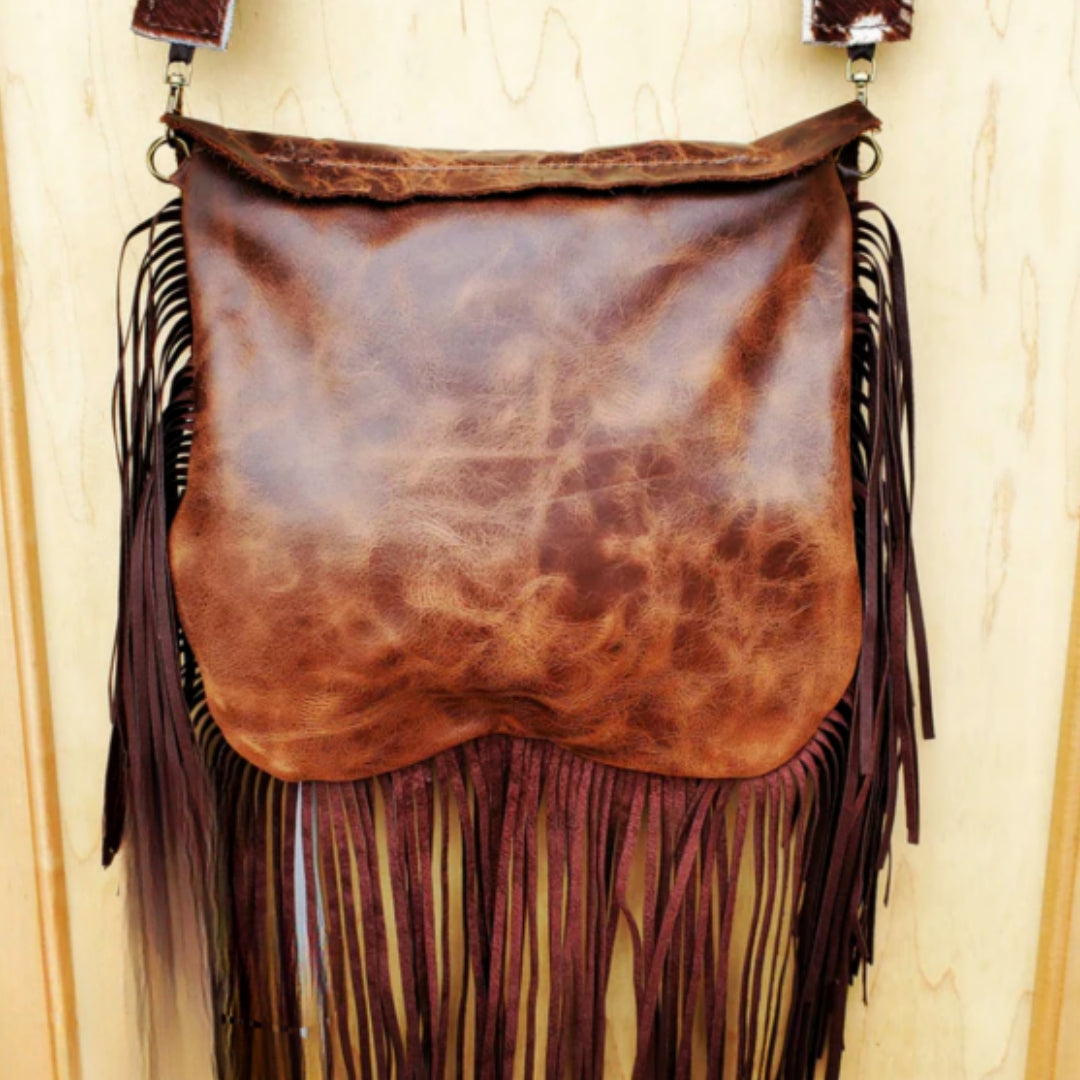 Hair on Hide Deer Axis Print Handbag w/ Flap and Braid Accent ...