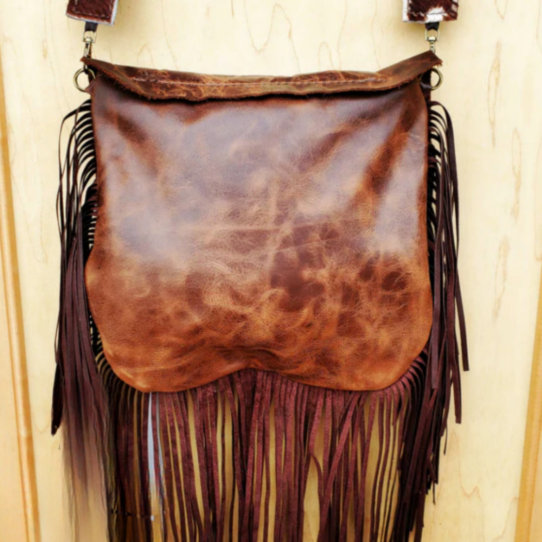 Hair on Hide Deer Axis Print Handbag w/ Flap and Braid Accent - Amethyst & Opal 