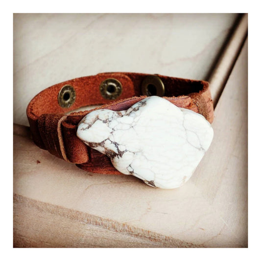 Narrow Leather Cuff with White Turquoise Slab - Amethyst & Opal 