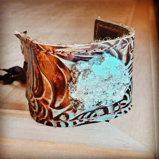 Leather Cuff with adjustable Tie in Turquoise Brown Floral