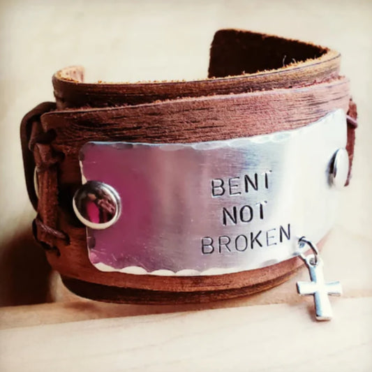 "Bent Not Broken" Distressed Leather Cuff Bracelet - Amethyst & Opal 