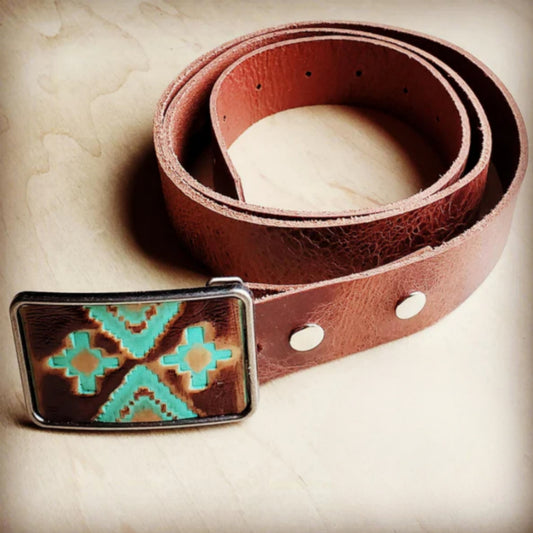 Rectangle Navajo Leather Belt Buckle - Amethyst & Opal 
