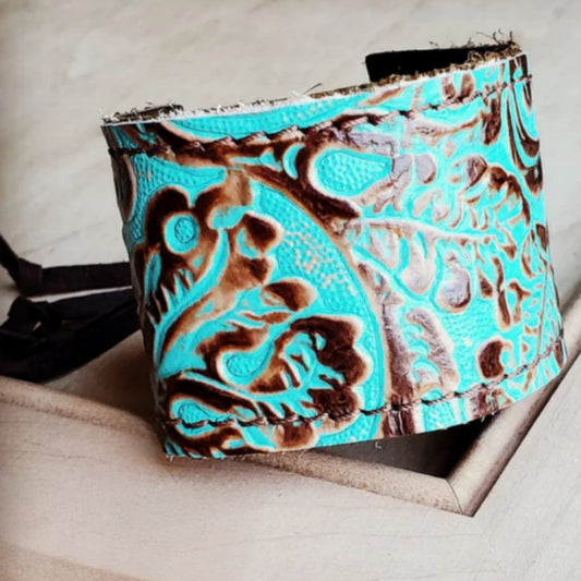 Leather Cuff with adjustable Tie in Cowboy Turquoise - Amethyst & Opal 