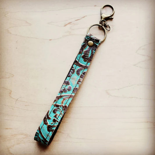 Embossed Leather Key Chain Strap Cowboy Turquoise - Amethyst & Opal 