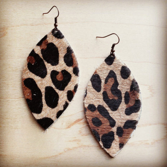Leather Oval Earrings in Leopard Print Hair on Hide - Amethyst & Opal 