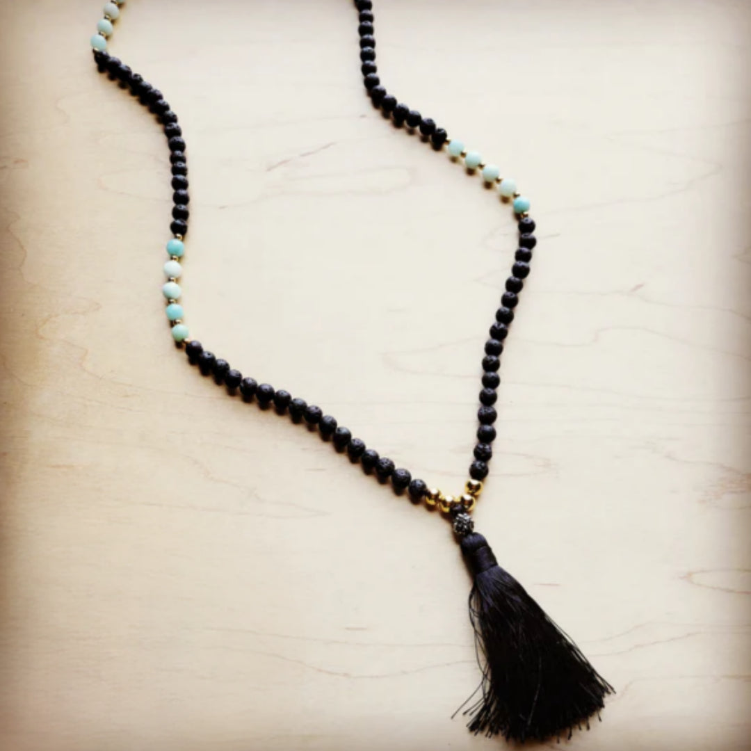Amazonite and Lava Long Beaded Necklace with Tassel - Amethyst & Opal 