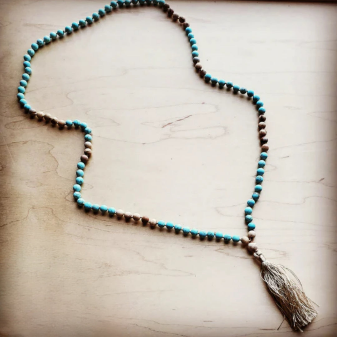 Frosted Picture Jasper and Amazonite Beaded Necklace with Tassel - Amethyst & Opal 