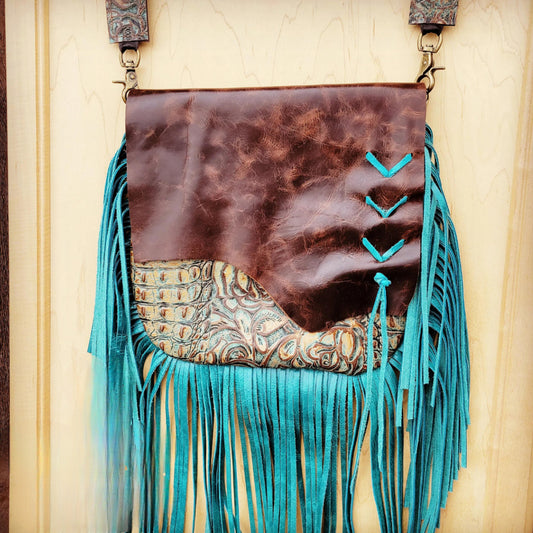 Leather Turquoise Western Floral Handbag w/ Flap and Braid
