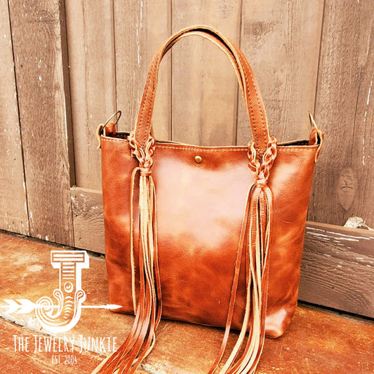 Genuine Leather Bucket Handbag w/ Braided Tassel Fringe - Amethyst & Opal 