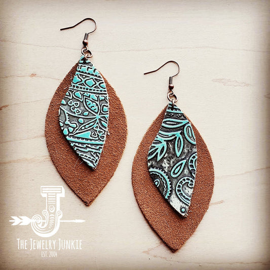 Leather Oval Tan Suede Earrings with Turquoise Paisley Accents - Amethyst & Opal 