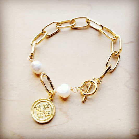 Gold Link Bracelet with Freshwater Pearls & Gold Coin Medallion
