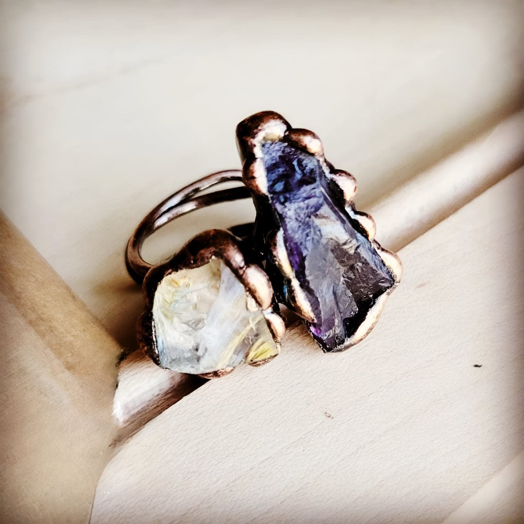 Genuine Amethyst and Quartz Ring in a Copper Setting