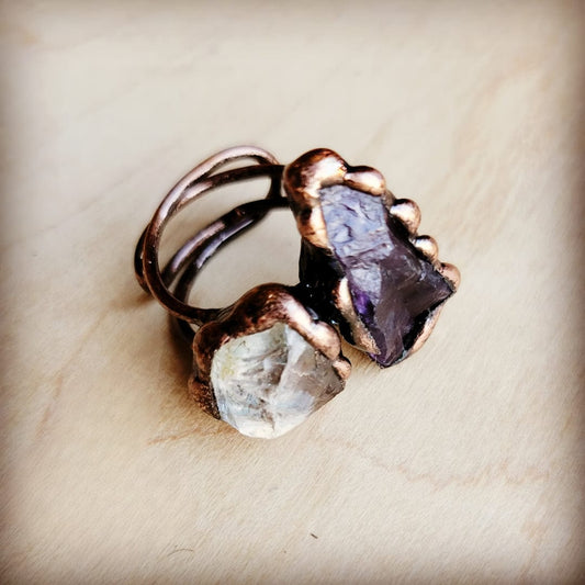Genuine Amethyst and Quartz Ring in a Copper Setting
