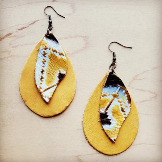 Leather Teardrop Mustard Earrings w/ Yellow Navajo Accent