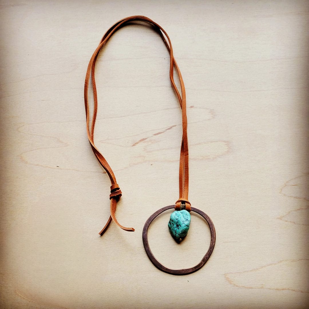 Leather Cord Necklace with Antique Gold Hoop and Turquoise