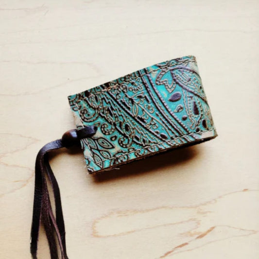 Wide Leather Cuff w/ Adjustable Ties in Turquoise Brown Paisley