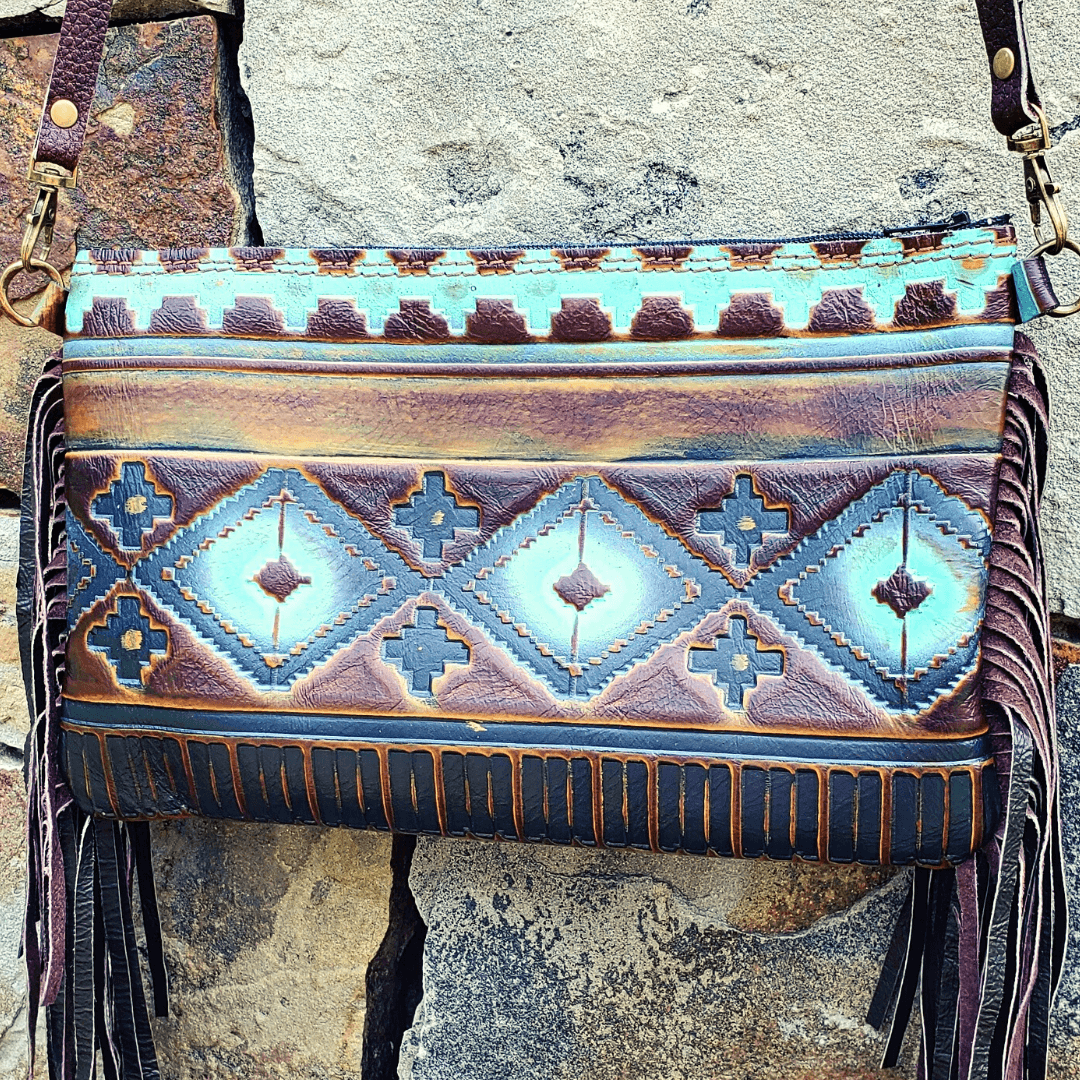 Blue Navajo Leather Embossed Clutch Handbag