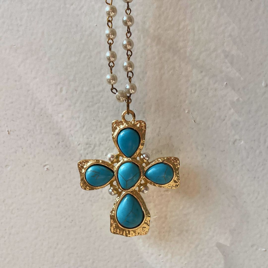 Long Pearl Necklace w/ Gold Turquoise Cross