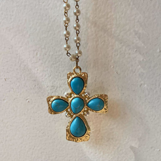Long Pearl Necklace w/ Gold Turquoise Cross