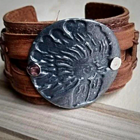 **Indian Headdress Cuff in Copper on Wide Dusty Leather Genuine Leather Band - Amethyst & Opal 