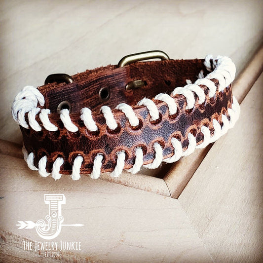 Vintage Brown Woven Leather Cuff Bracelet - Amethyst & Opal 