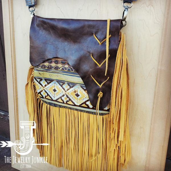 Hair on Hide Handbag w/ Leather Fringe Yellow Navajo Accent - Amethyst & Opal 