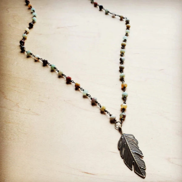 Amazonite Long Beaded Necklace with Antique Gold Feather - Amethyst & Opal 
