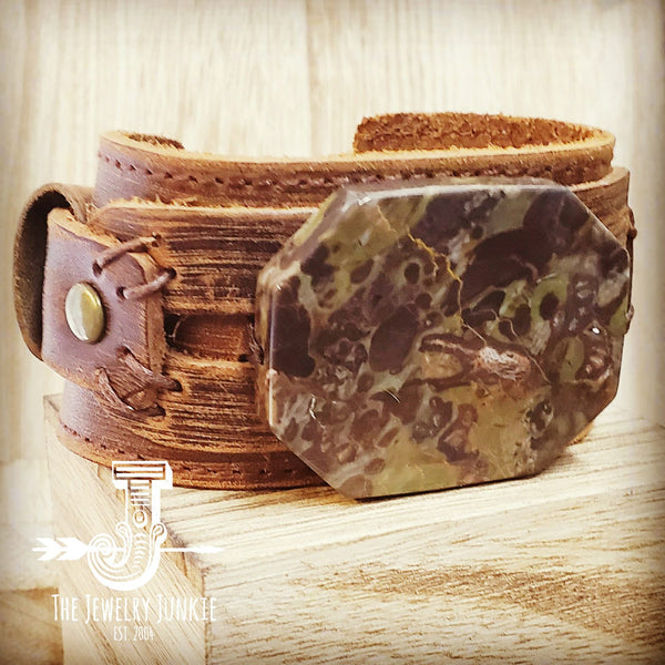 Brown Ocean Agate on Dusty Leather Cuff - Amethyst & Opal 