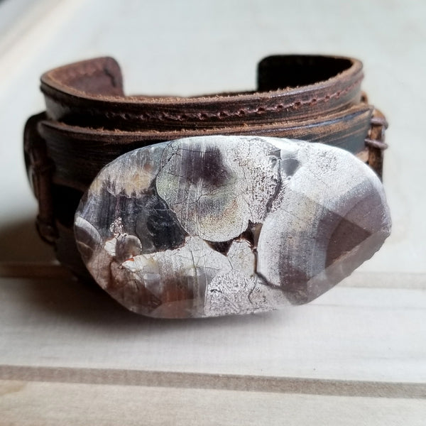 Brown Ocean Agate on Dusty Leather Cuff - Amethyst & Opal 