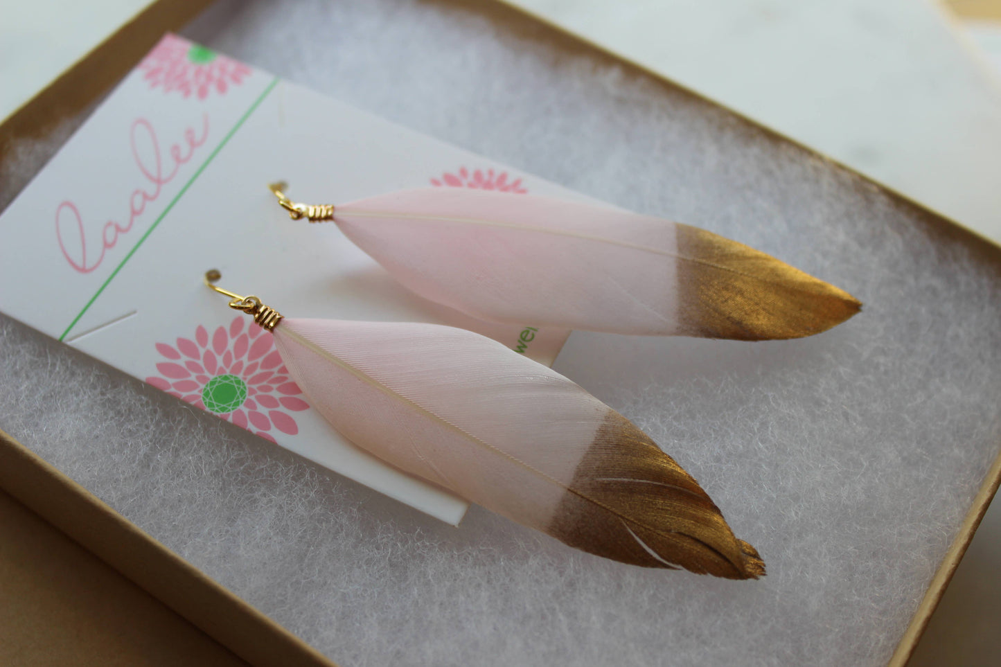Gold Dipped Light Pink Feather Earrings