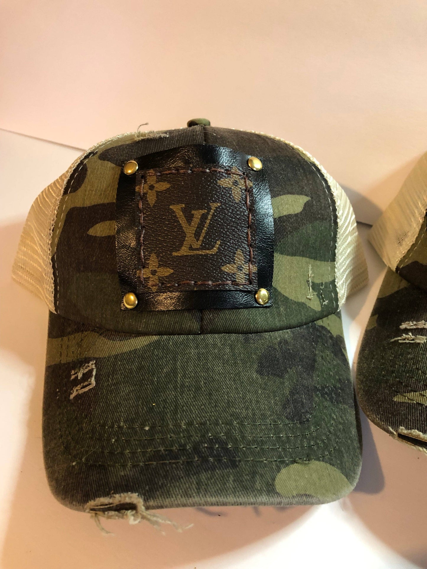 LV Upcycled Camo Criss Cross Ponytail Trucker Hat Leopard Print Leather