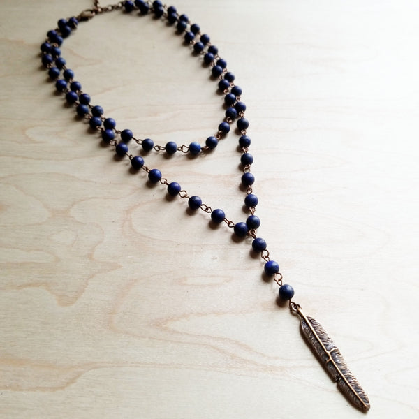Double Strand Frosted Blue Lapis with Copper Feather - Amethyst & Opal 