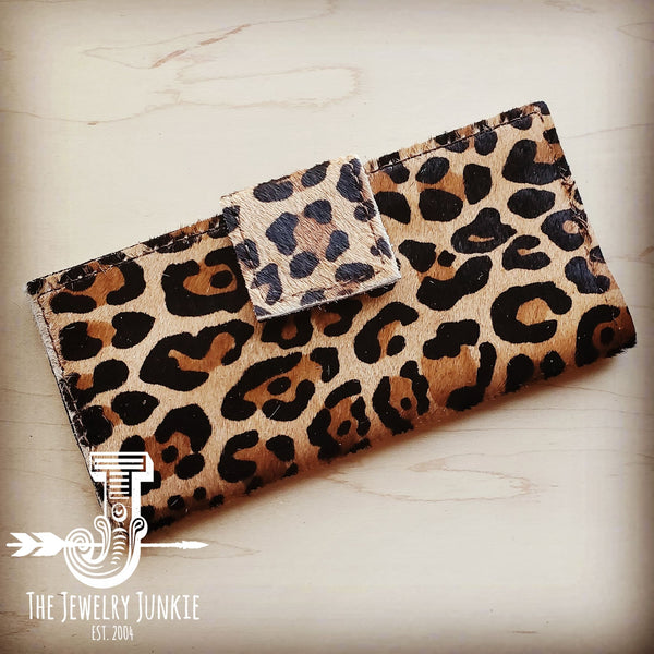 Hair on Hide Leather Wallet in Leopard w/ Snap - Amethyst & Opal 